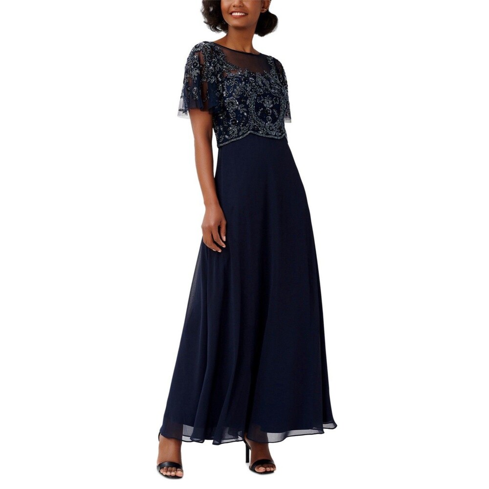 Adrianna Papell Navy Blue Beaded Maxi Special Occasion Evening Dress Gown 10